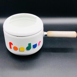 80s White Enamel Fondue Pot Gray Wooden Handle Rainbow Arcade Video Game Font